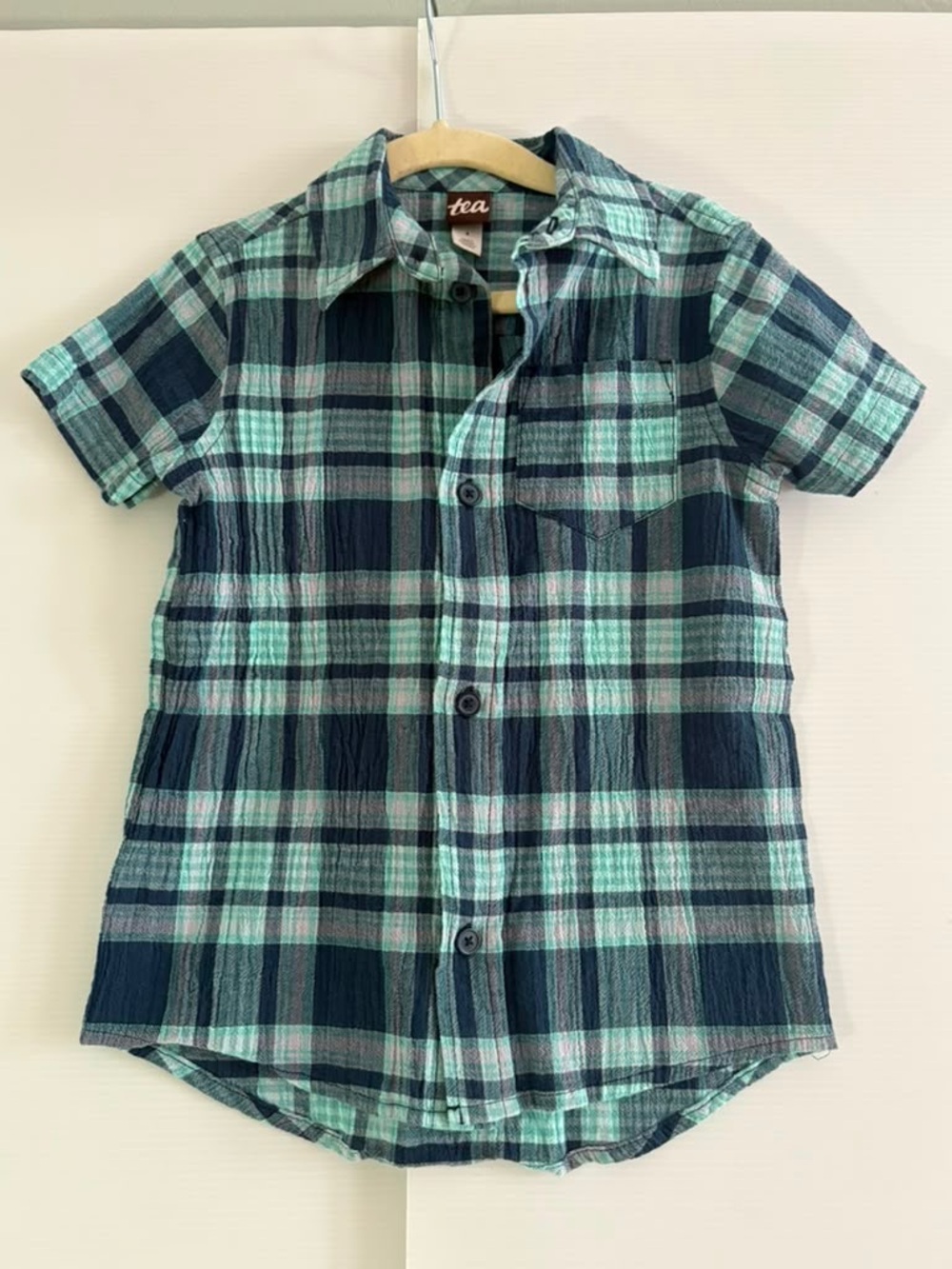 Tea Collection Navy & Mint Plaid Short-Sleeve Button-Down | size 4T